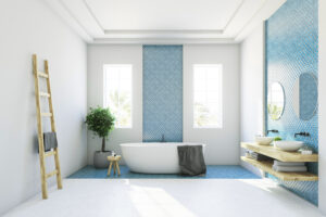 חדר אמבטיה עם 2 כיורים, אמבטיה, מראות וארון עם מגבות